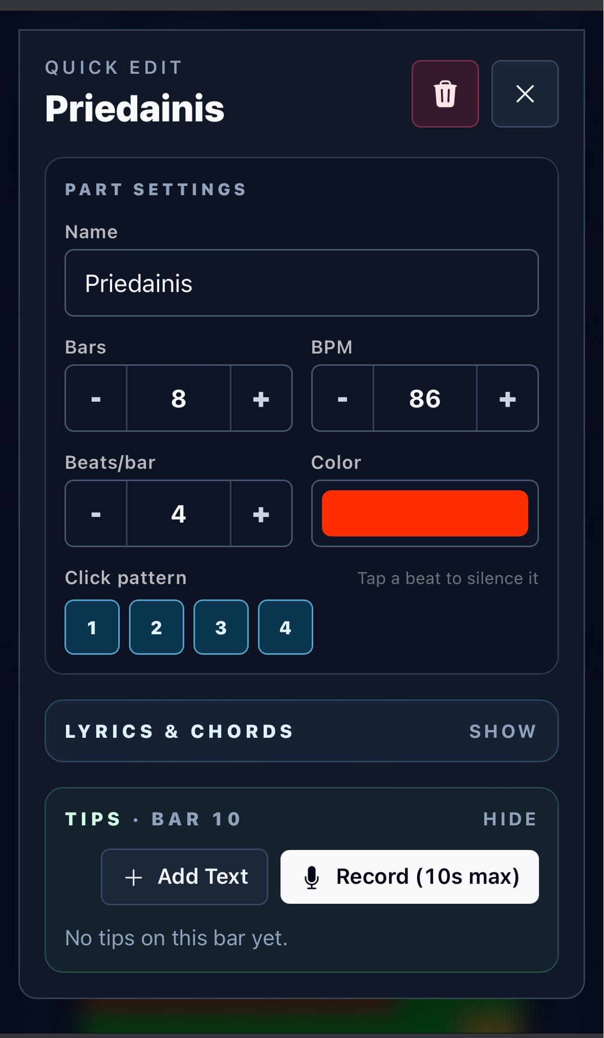 SongMap song or setlist sharing screen